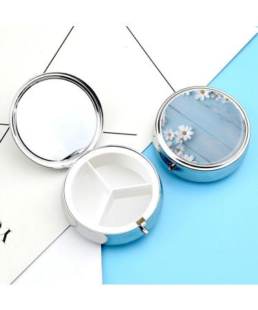 Round Pill Box with White Flowers & Light Blue Wood Print - 3 Compartment Portable Pill Organizer - Decorative Metal Pocket Pill Case - Style 42 - Buy Online on GoSupps.com