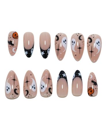 Buy Halloween French Tip Press on Nails - Medium Almond Glossy Nude with Pumpkin Ghost Bat Designs | 24Pcs Cute Spooky Stick on Nails for Women & Girls - Buy Online on GoSupps.com
