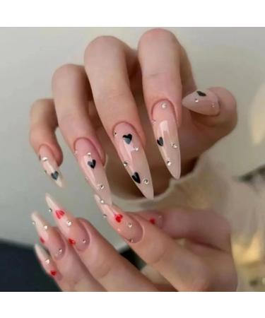JUSTOTRY 24 Pcs Red and Black Heart Stiletto Fake Nails Long Nude French Press on Nails Patterns Diamond Almond Stick on Nails for Women Acrylic Extra Long False Nails Long with Glue for Nail Art heart& Stiletto 1 - Buy Online on GoSupps.com