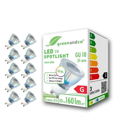 Greenandco 10x CRI 90+ GU10 35mm LED spot 3W 160 LM 50 3000K Warm white 230V flicker -free not dimmable 2 years guarantee 3W 3000K 50 35mm 10 pieces (1 Pack)