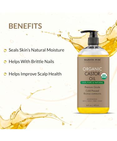 Majestic Pure Organic Castor Oil - 100% Pure Cold Pressed Hexane Free | Stimulate Growth for Hair Eyelashes & Nails | Moisturizing Body & Hair Oil - 16 Fl Oz - Buy Online on GoSupps.com
