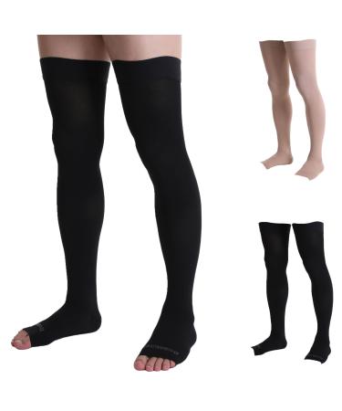 Doc Miller Thigh High Open Toe Compression Stockings 20-30mmHg for Varicose Veins  Pregnancy Support Open Toe Thigh High Compression Socks for Women and Men - 1 Pair Black Large Black Large (1 Pair)