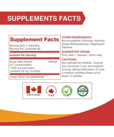 LOVITA Royal Jelly 333 mg 3:1 Concentrate with 20mg 10-HDA Natural Source Super Food Supports Skin Health & Energy Production 60 Capsules Standard Package 60 Count (Pack of 1) - Buy Online on GoSupps.com