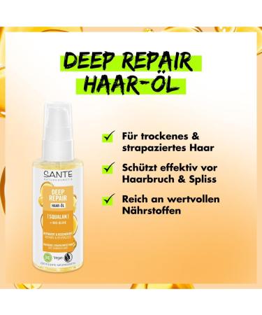 SANTE Naturkosmetik Deep Repair Hair Oil Squalan + Organic Olive Vegan Oil for Intensely Nourished and Silky Hair Repairs and Regenerates Damaged Hair 75 ml - Buy Online on GoSupps.com