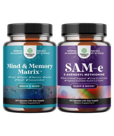 Bundle of Nootropic Brain Supplement - Mental Health & Clarity with VIT A B6 Riboflavin Niacin Thiamin Folate and Sam-E 200mg Mood Support Supplement - S-Adenosyl Methionine for Natural Relaxing Mood
