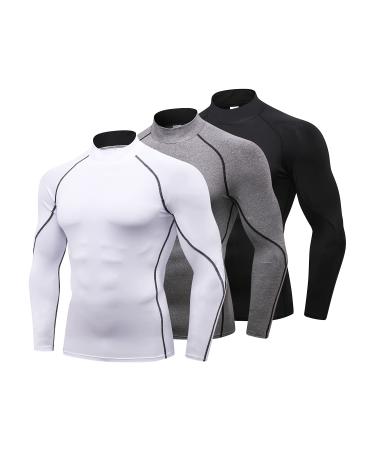3 Pack Mens Mock Turtleneck Compression Shirts Long Sleeve Sun Protection Shirts Cooling Workout Gym Tops Undershirt Blkgry+grey+white Large