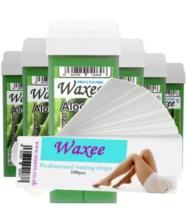6x 100ml roll on wax roller wax cartridge Aloe + 100 strips Body & Leg waxing from UK Brand- Waxee