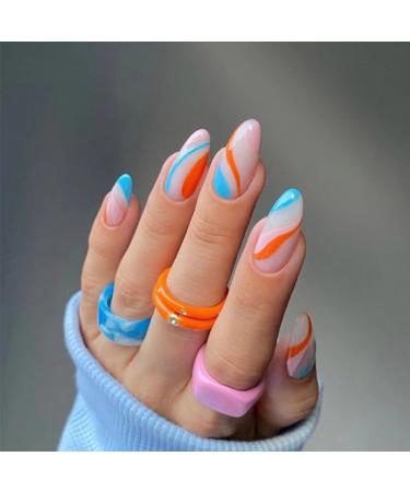 JUSTOTRY 24 Pcs Almond Swirl Short False Nails Pastel French Press on Nails Pattern Trendy Fake Nails Short with Nail Glue Oval Medium Stick on Nails for Women Nails Fake Nail for Nails Art Pastel&almond2