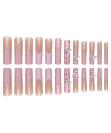 24 Pcs Pink French Tip Press On Nails with Silver Glitter & Flower Design | Artificial Acrylic False Nails with Butterfly Charms - Perfect for Women | Full Cover Fake Nails for Stunning Nail Art - Buy Online on GoSupps.com