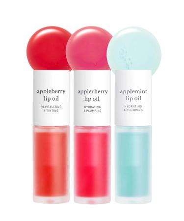 NOONI Appleseed Lip Oil Set - Appleberry & Applemint & Applecherry | with Apple Seed Oil  Lip Oil Trio  Lip Stain  Gift Sets  For Chapped and Flaky Lips 25 Trio (Appleberry & Applemint & Applecherry)
