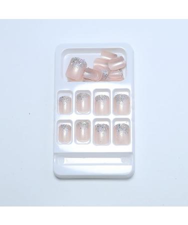 Buy 24pcs Glitter Powder Press on Nails - Short Square False Nails with Silver White French Tip - Full Cover Acrylic Nails for Women & Girls - Buy Online on GoSupps.com