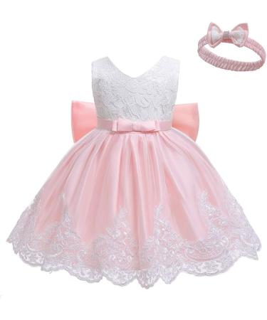 LZH Baby Girls Lace Dress | Bowknot Flower Wedding Pageant Dress 12-18 Months Baby Pink - Buy Online on GoSupps.com
