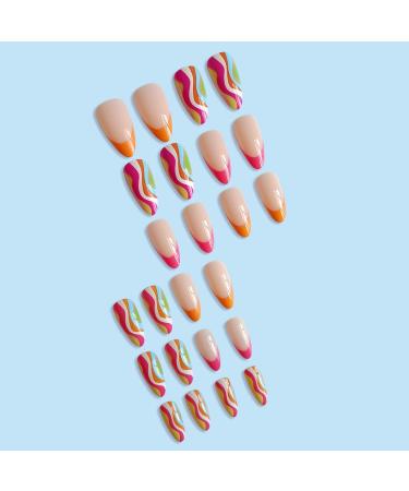 Justotry 24 Pcs Multicolour Swirl Oval False Nails - Trendy Short French Press On Nails with Nail Glue - Almond Stick On Nails for Women's Nail Art - Buy Online on GoSupps.com