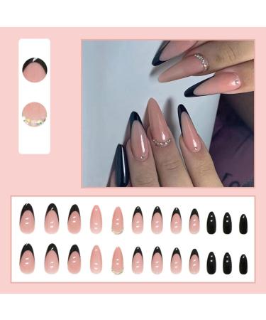 JUSTOTRY 24 Pcs Stiletto False Nails with Jewels - Black French Press On Nails for Women - Short Nude Almond Fake Nails with Glue - Nail Art Set - Buy Online on GoSupps.com