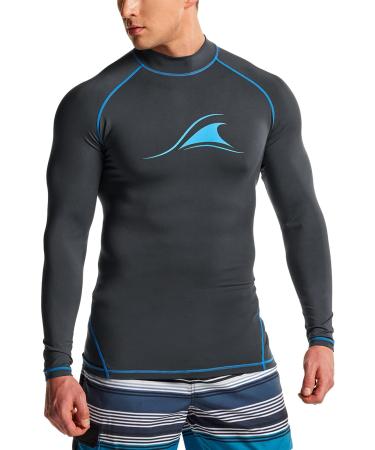 TSLA Men's UPF 50+ Long Sleeve Rash Guard, UV/SPF Quick Dry Swim Shirt, Water Surf Swimming Shirts Big Wave Charcoal & Royal Medium