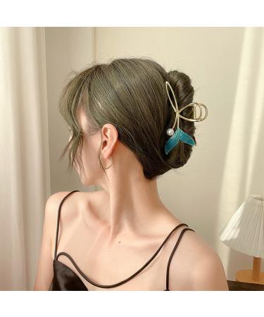 Blue Fish Tail Hair Clip with Pearl | Mermaid Hair Claw for Women | Large Gold Metal Clip for Strong Hold | Nonslip Hair Barrette Accessory - Buy Online on GoSupps.com