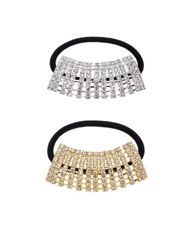 Xiwstar 2pcs Elastic Hair Bands Silver/Gold Rhinestone Crystal Hair Ropes Ponytail Holder Hair Ties Accessories for Women Girls