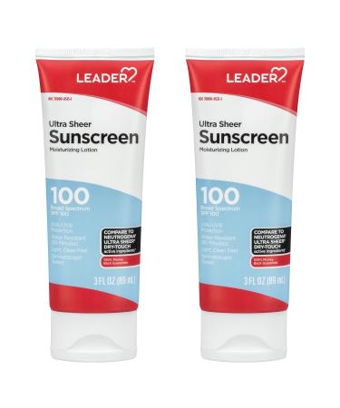 LEADER Travel Sunscreen SPF 100+ Ultra Sheer Dry-Touch Water Resistant and Non-Greasy Lotion with Broad Spectrum SPF 100+ 3 Fl Oz (2 Pack)