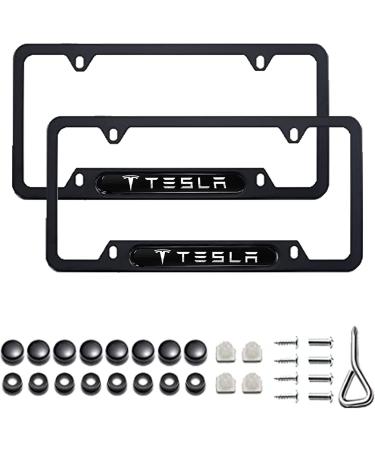 MMWW 2pcs for Tesla Model 3,Model X,Model S,Model Y License Plate Frame,Matte Aluminum Alloy Tesla Logo License Plate Cover Holder Frame with Screw Caps Cover Set for TeslaO