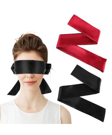 2 Pack Sleep Mask Satin Womens Blindfolds Satin Eye Mask for Sleeping 128cm/50inch Eye Blinder Cover Soft Satin Travel Nap Night Sleep Mask Sleeping Blindfold for Couples (Black+Red)