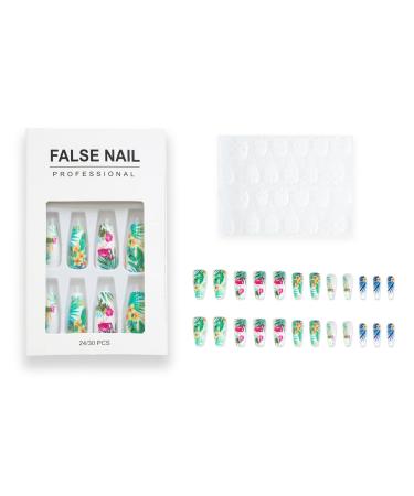 Tropical Flower & Leaf Design Long Coffin Fake Nails - 24 Pcs | Hawaiian Exquisite Static False Nails for Women - Buy Online on GoSupps.com