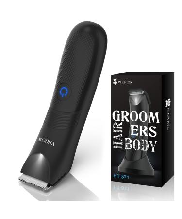 Electric Body Trimmer and Shaver for Men, VIKICON Body Groomer for Groin&Ball w/Light, Pubic Hair Trimmer Replaceable Ceramic Blade IPX7 Waterproof Wet/Dry, Lightweight Male Razor USB Type-C Charging Black