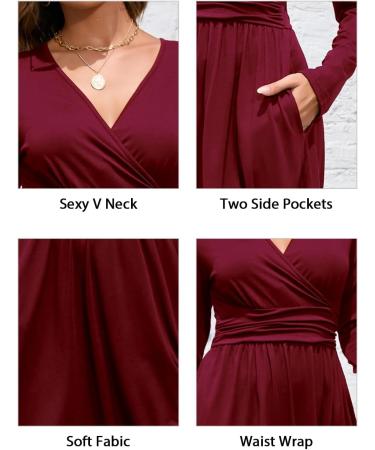 OUGES Women's Spring Casual Midi Dress | Long Sleeve V-Neck Floral Wrap Dress with Pockets - Buy Online on GoSupps.com