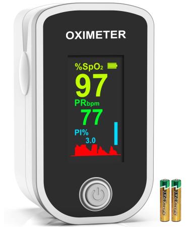 Pulse Oximeter Fingertip, 4 Color Display Blood Oxygen Saturation Monitor, Fast Spo2 Reading Oxygen Meter Finger, Perfusion Index & Pulse/Heart Rate Bar Graph, Batteries and Lanyard
