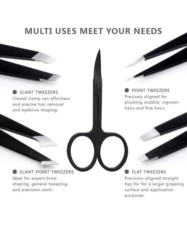 5 in 1 Stainless Steel Tweezers Set for Precision Hair Removal - Includes Eyebrow Scissors - Black Tweezers for Ingrown Hair, Splinters - Buy Online on GoSupps.com