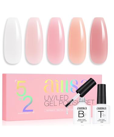 AILLSA Jelly Gel Nail Polish Set Milky White Nude Pink Gel Polish with Base and Top Coat Neutral Pink Red Sheer Transparent Nail Polish Gel Soak Off U V Gel Starter Kit Gift DIY Manicure at Home A1-jelly Milky Pink