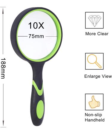 Magnifying Glass Jiasoval 10X Handheld Reading Magnifier with Non-Slip Soft Rubber Handle 75mm Magnifying Lens (Green) - Buy Online on GoSupps.com