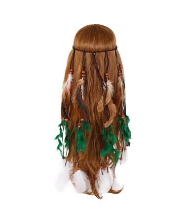 Boho Hairbands Layered Feather Headband Halloween Decoration Headpiece Tribal Accessories for Women and Girls (Green)