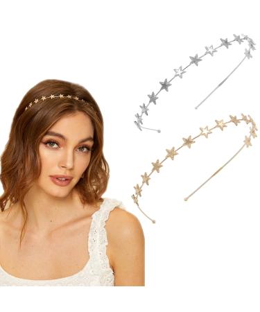 Aswewamt 2 PACK Alloy Five-pointed Star Headbands Bridal Hair Hoop Wedding Hair Accessories Ornaments for Elegant Women Girls Gold+Silver