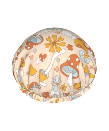 Cute Cartoon Mushrooms Shower Cap for Women Reusable Double Layers Waterproof Shower Hair Protector PEVA Lined Shower Hat for All Long Hair Lengths  Stretchy Adjustable Shower Caps Retro 70s 60s Floral Hippie Mushrooms