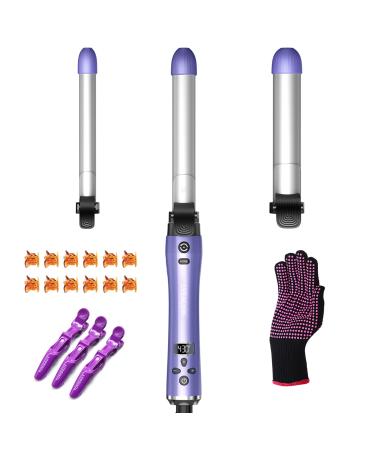 Beach Wave Rotating Hair Curling Iron-3 Interchangeable Heating Iron Barrels Automatic Hair Styling Curler to Create Beach Wave Curls, LCD Display Fast Heat-UP 430F Ceramic Coating Purple