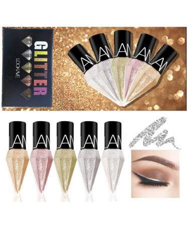 Mysense 5 Colors Liquid Glitter Eyeliner Kit  Metallic Shimmer Silver Gold Diamond Eye Liner Stick  Waterproof Long Lasting Glow Eyeliner Colorful Eye Shadow  Ideal Eyeshadow Makeup Eyes Sparkle