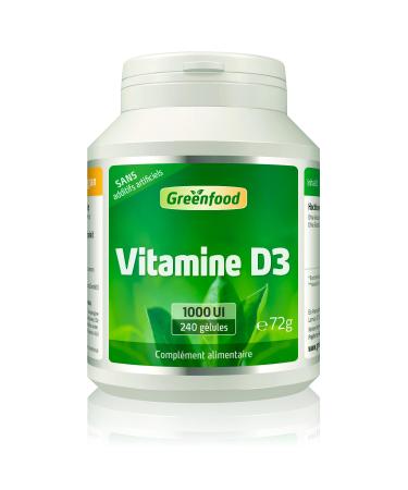 Greenfood Vitamin D3, 1000 IU, High Dose, 240 Capsules, Helps to Strengthen Bones, Teeth and Immune System.No Artificial Additives, Non-GMO, Gluten Free, Lactose Free, Softgels.