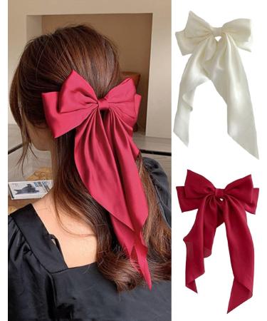 ZEVONDA Pack of 2 Big Bow Hair Clips - Solid Color Large Bowknot Hairpin Hair Clip with Long Silky Satin Tail Hair Barrettes Accessories for Girls Women Milky White + Red Milky White + Red (2PCS) - Buy Online on GoSupps.com