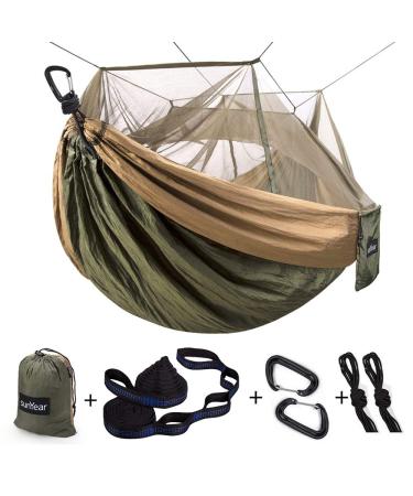 Sunyear Camping Hammock, Portable Double Hammock with Net, 2 Person Hammock Tent with 2*10ft Straps, Best for Outdoor Hiking Survival Travel Army Green/Khahi 55