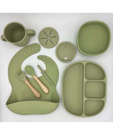 San-way Silicone Baby Feeding Set of 6 - Suction Plate Silicone Bowl Silicone Bib Snack Cup Drinking Cup Sippy Cup Wooden Spoon & Forks - Boys Girls Toddlers Baby Utensils Eating Supplies (Olive)