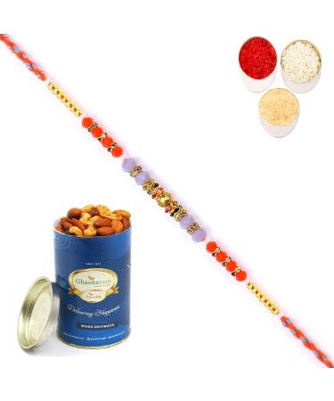 Ghasitaram Gifts Rakhi for Brother Rakhis Online - 6497 Fancy Thread Rakhi with 100 GMS of Dryfruits Mix Can