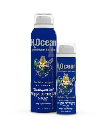 H2Ocean 4oz and 1.5oz Piercing Aftercare Spray Bundle, Sea Salt Keloid & Bump Treatment, Wound Care Spray Organic Wound Wash For Ear, Nose, Naval, Oral Body Piercings