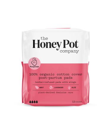 The Honey Pot Company - Postpartum Pads with Wings - Full Coverage - Herbal Infused w/Essential Oils for Cooling Effect  Organic Cotton Cover  & Ultra-Absorbent - Postpartum Essentials - 12ct