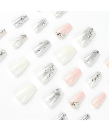Buy Silver Glitter Press on Nails - Medium Square Fake Nails with Rhinestones | Glossy Pink & White Artificial Nails for Women & Girls | Reusable DIY Manicure - Buy Online on GoSupps.com