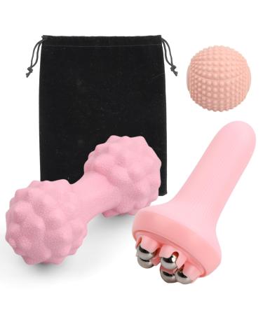 Granvoo Massageball 3 Set (hedgehog balling ball + duoball + handheld fascia roll) fascia ball trigger point massager massage balls for treatment of muscle tension and pain (pink)