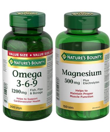 Nature's Bounty Omega 3 6 9 Fish Oil 1200mg Pills Supplement Helps Support Cognitive Health and Brain Function 200 Softgels & Magnesium 500 mg Plus Electrolytes 150 Tablets (Package May Vary) Supplement + Magnesium 500 mg