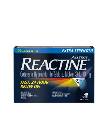 Reactine Extra Strength Antihistamine Tablets - 10mg Cetirizine Hydrochloride - 24 Hour Allergy Relief Medicine - 48 Count 48 Count (Pack of 1)