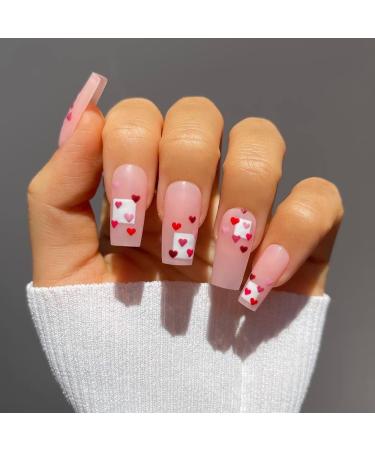 Valentine's Day Press on nails Medium Length Fake Nails Acrylic French White Square Red Heart Exquisite Design Fashion Nail Decoration for Nails for Women and Girls 24 Pcs B: Love Heart