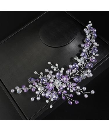 JWICOS Bride Wedding Hair Vine Pearl Bridal Hair Piece Crystal Wedding Hair Accessories Long Headband for Women and Girls (light purple)
