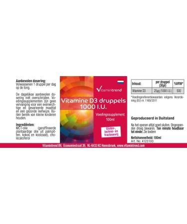 Vitamin trend Vitamin D3 per drop 1000 IU 100 ml High dosage liquid and produced in Germany Cholecalciferol Vitamintrend - Buy Online on GoSupps.com